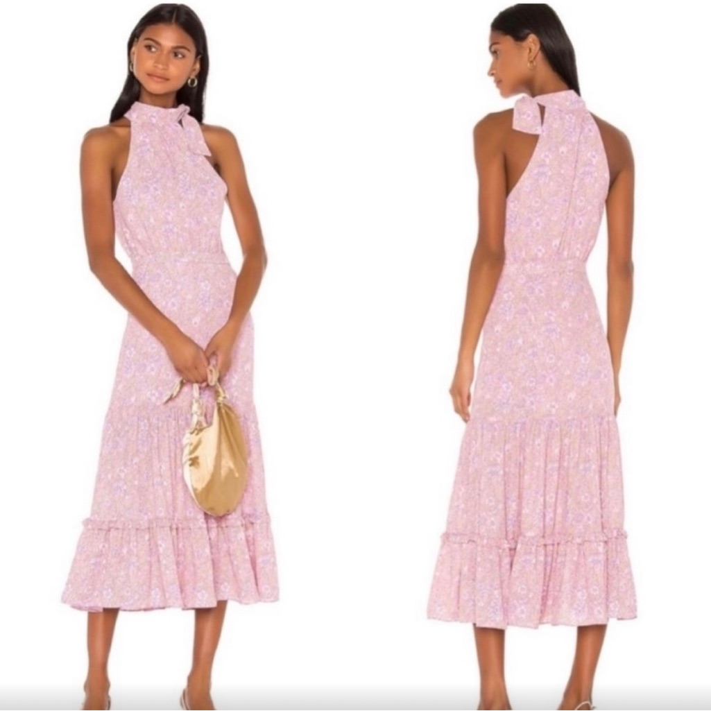 Likely Pink Floral Tie Neck Midi Dress Sz 4 Like New